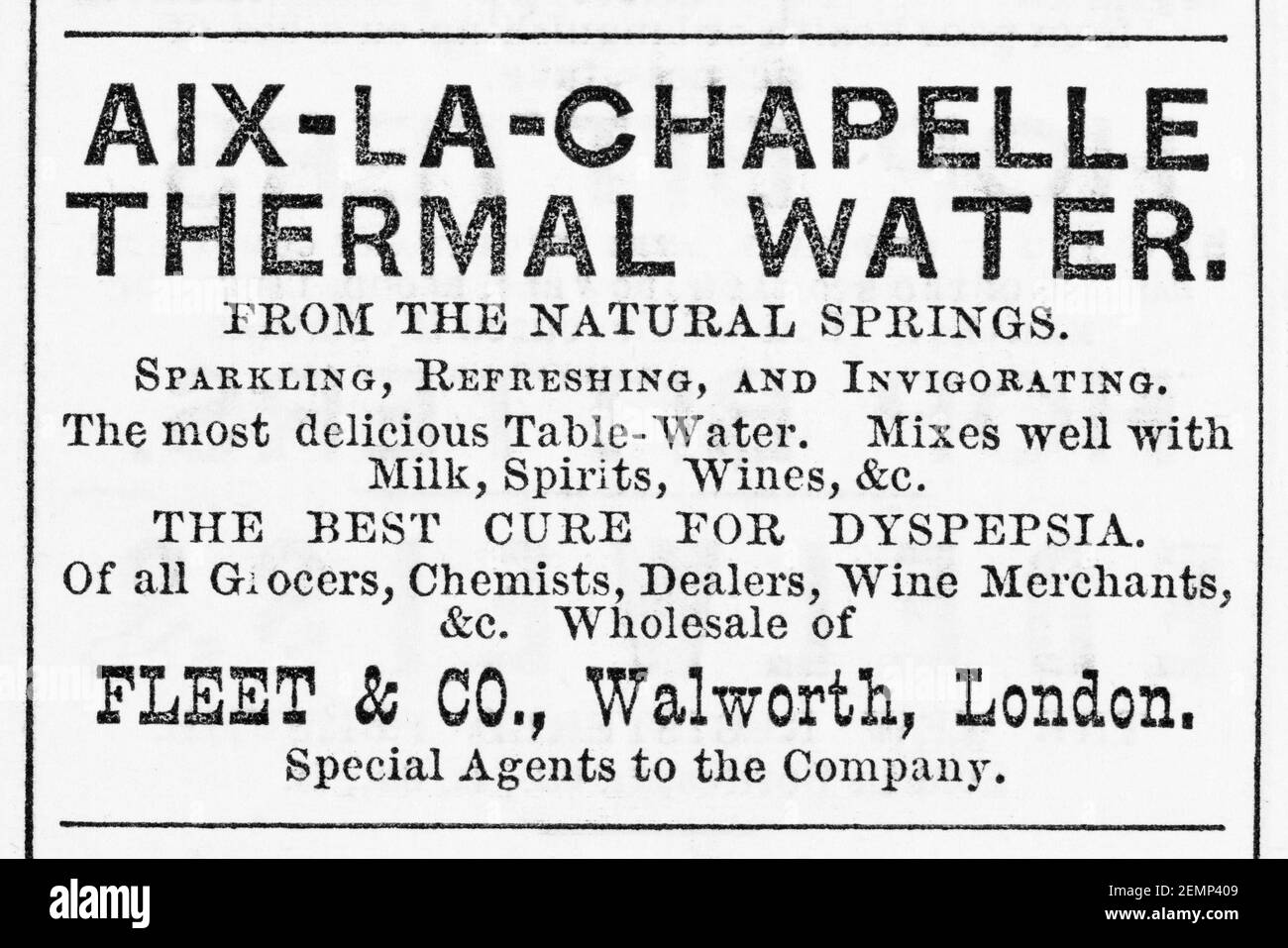 Old Victorian magazine newsprint tonic water for dyspepsia advert from 1883 - before the dawn of advertising standards. History of medicine & adverts. Stock Photo