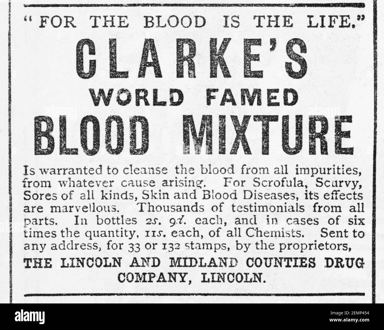 Old Victorian magazine newsprint Clarke's blood purifying mixture advert from 1887 - before the dawn of advertising standards. History of medicine. Stock Photo