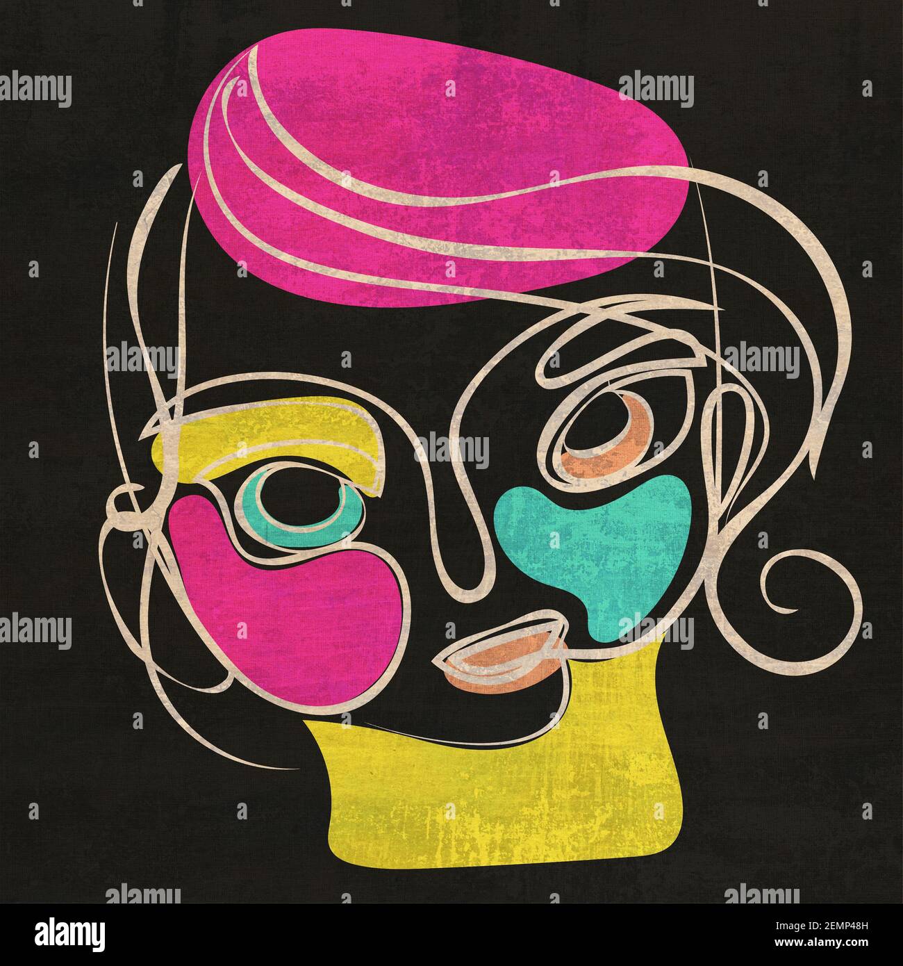 Contemporary line art style female portrait with colorful abstract ...
