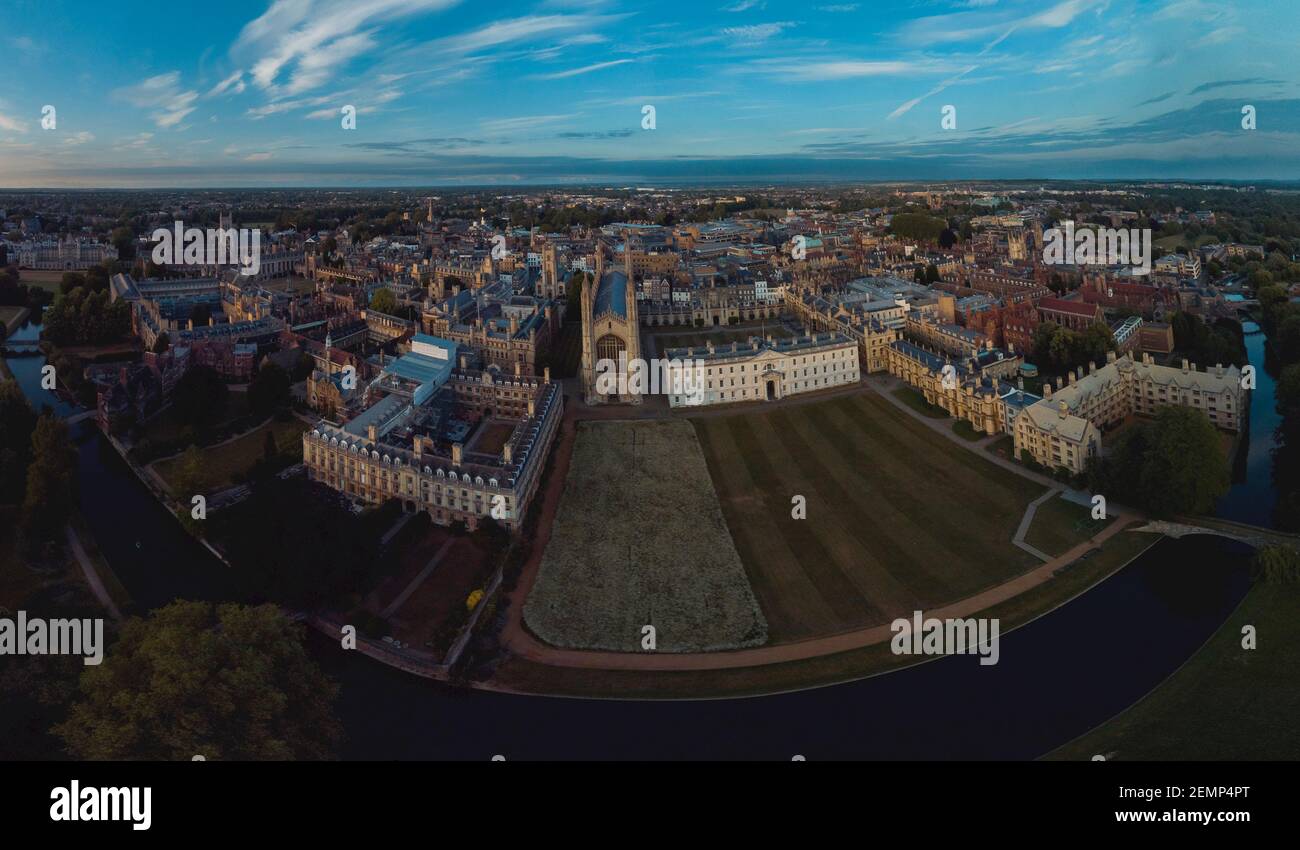 Aerial Panorama of Cambridge Colleges from the River Cam Stock Photo
