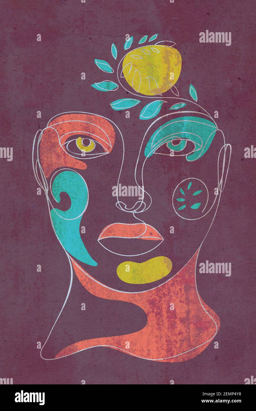 Contemporary line art style female portrait with colorful abstract ...