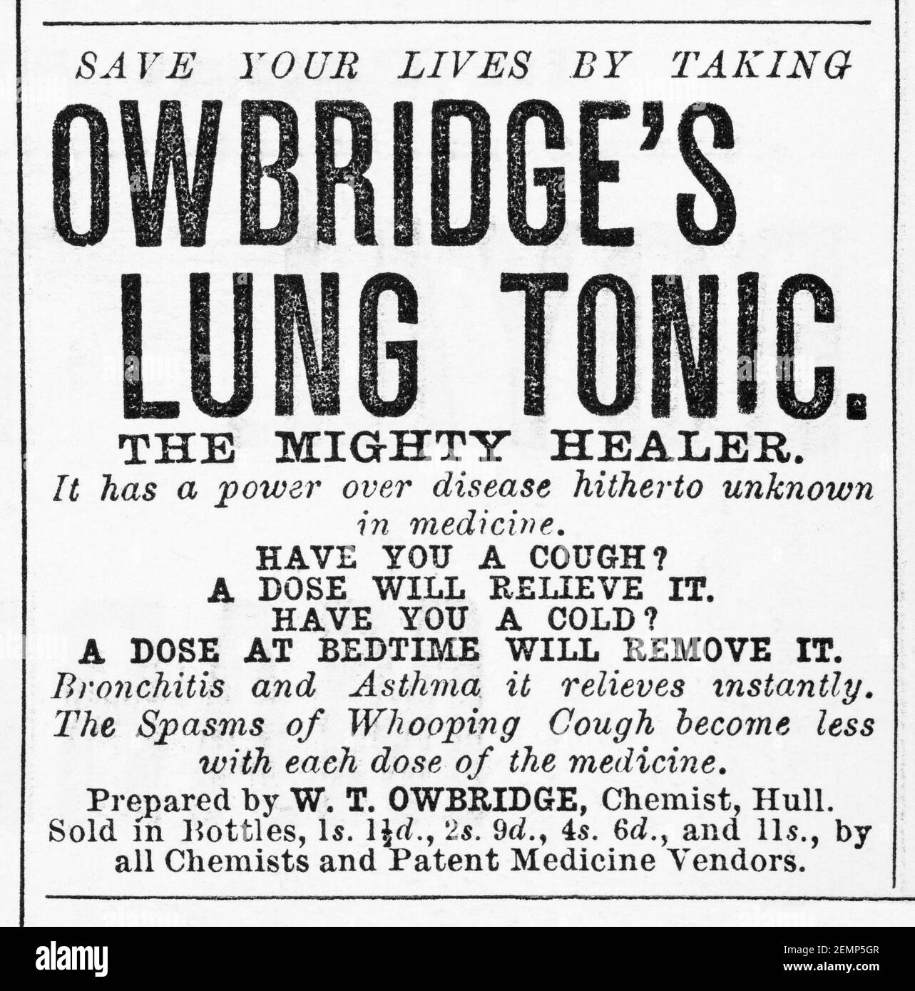 Old Victorian magazine newsprint Owbridge's lung tonic advert from 1894 - before the dawn of advertising standards. History of medicine. Stock Photo