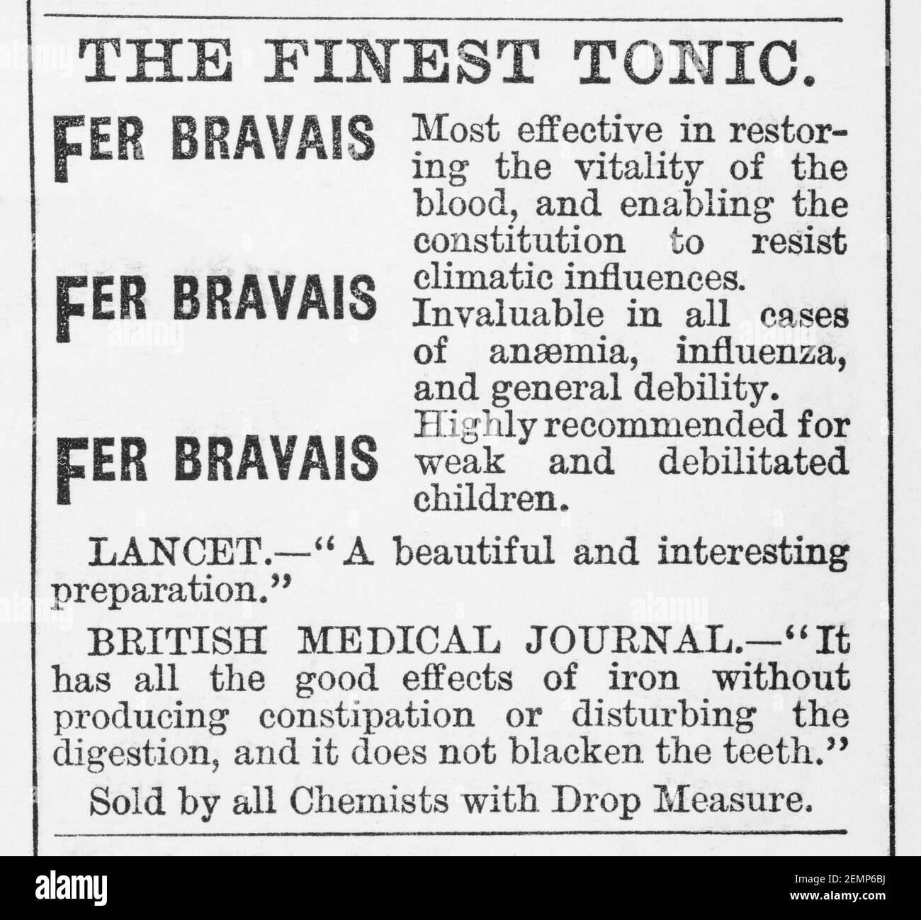 Old Victorian magazine newsprint Fer Bravais medicinal tonic advert from 1894 - before the dawn of advertising standards. History of medicine. Stock Photo