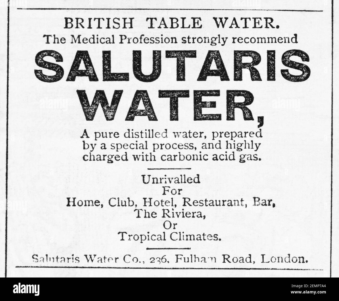 Old Victorian magazine newsprint Salutaris table water advert from 1894 - before the dawn of advertising standards. History of advertising. Stock Photo