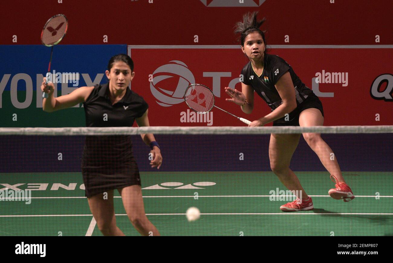 NEW DELHI, INDIA - MARCH 26: Ashwini Ponnappa and N. Sikki Reddy (R) of  India in action against Zheng Yu and Li Wenmei of China during their women  doubles of Indian Open