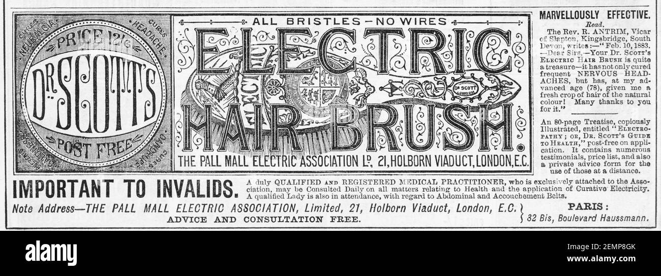 Old Victorian magazine newsprint Dr. Scott's Electric Hair Brush advert from 1883 - before the dawn of advertising standards. History of medicine. Stock Photo