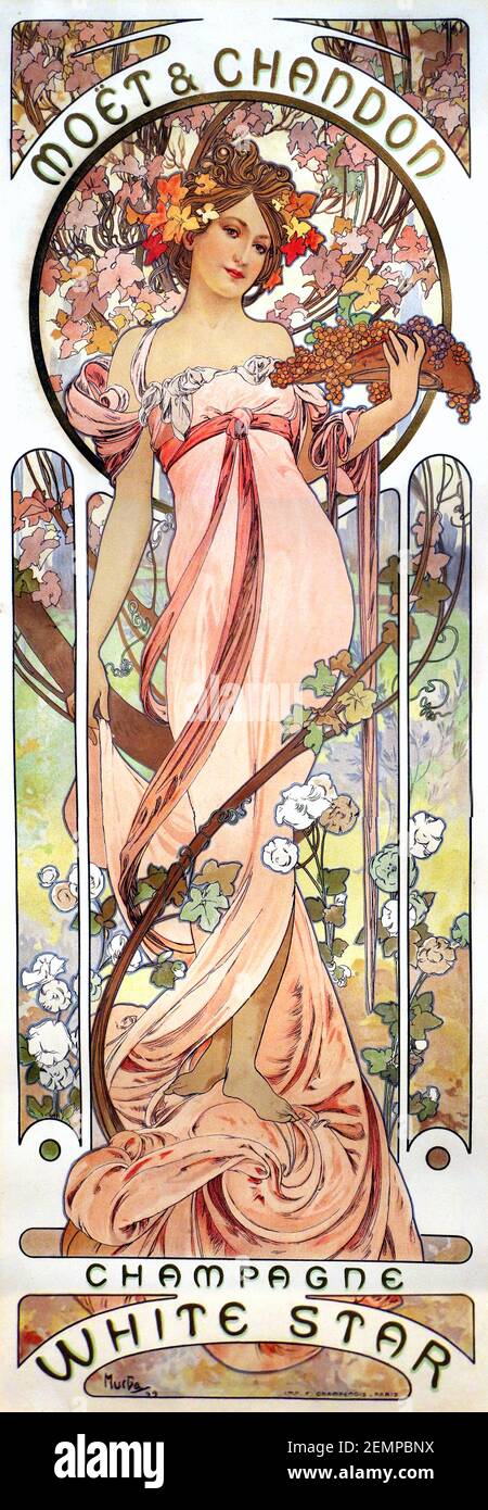 Alphonse Mucha, advertising poster for Moet et Chandon White Star Champagne, 1899. Alfons Maria Mucha (1860 -1939) was a Czech Art Nouveau painter, illustrator and graphic artist, Stock Photo