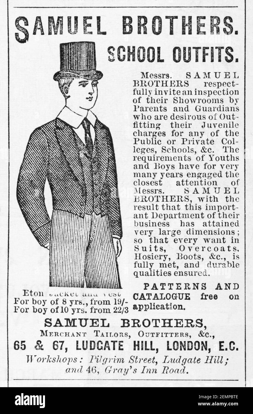 Old Victorian magazine newsprint school uniform / kids clothing advert from  1894 - before the dawn of advertising standards. History of fashion Stock  Photo - Alamy