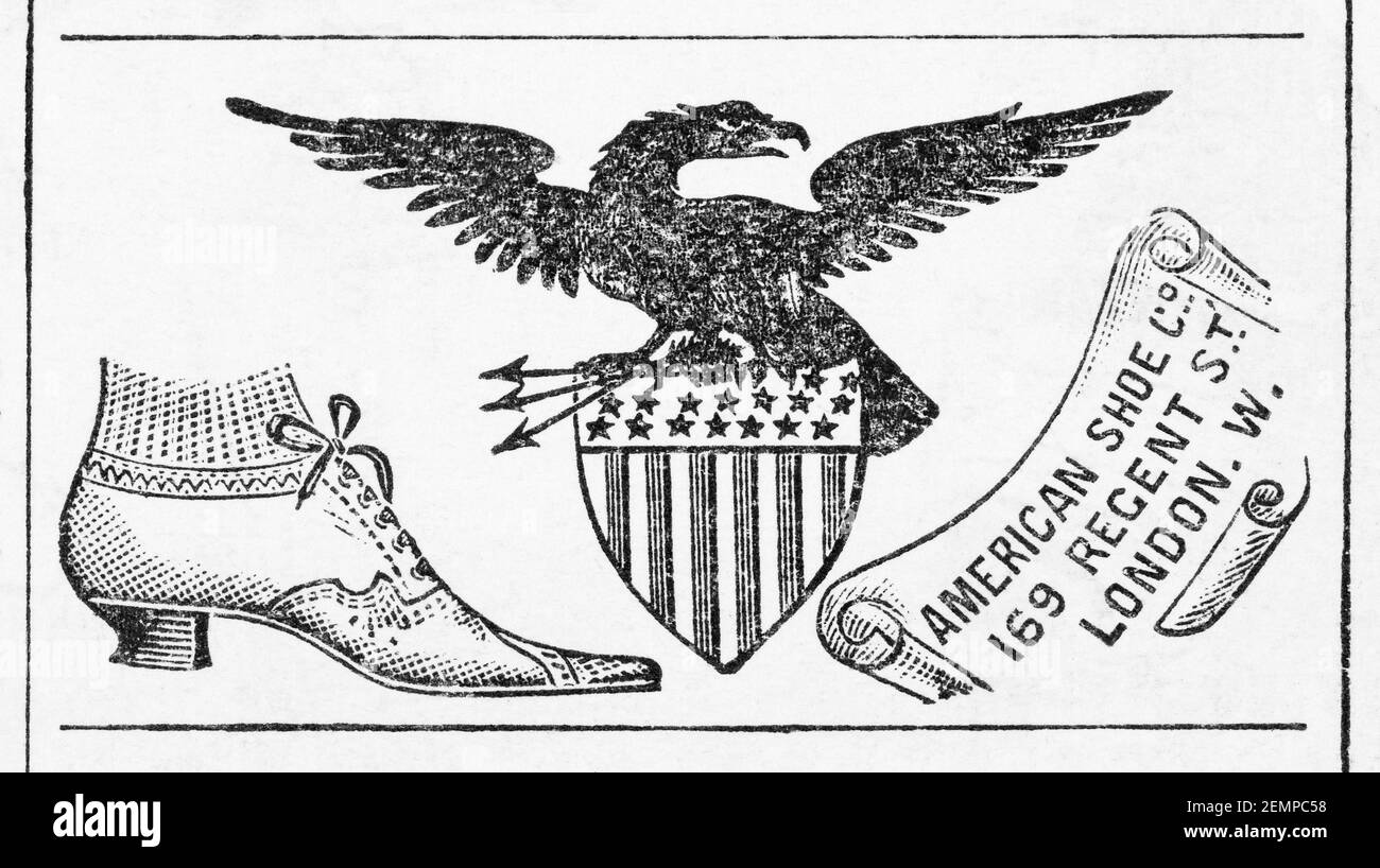Old Victorian magazine newsprint American Shoe Company advert from 1897 - before the dawn of advertising standards. Stock Photo