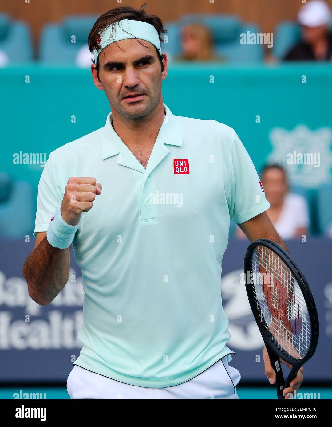 March 27, 2019: Roger Federer, of Switzerland, pumps a fist as celebrates  the match-point against Daniil Medvedev, of Russia, during a fourth round  match at the 2019 Miami Open Presented by Itau