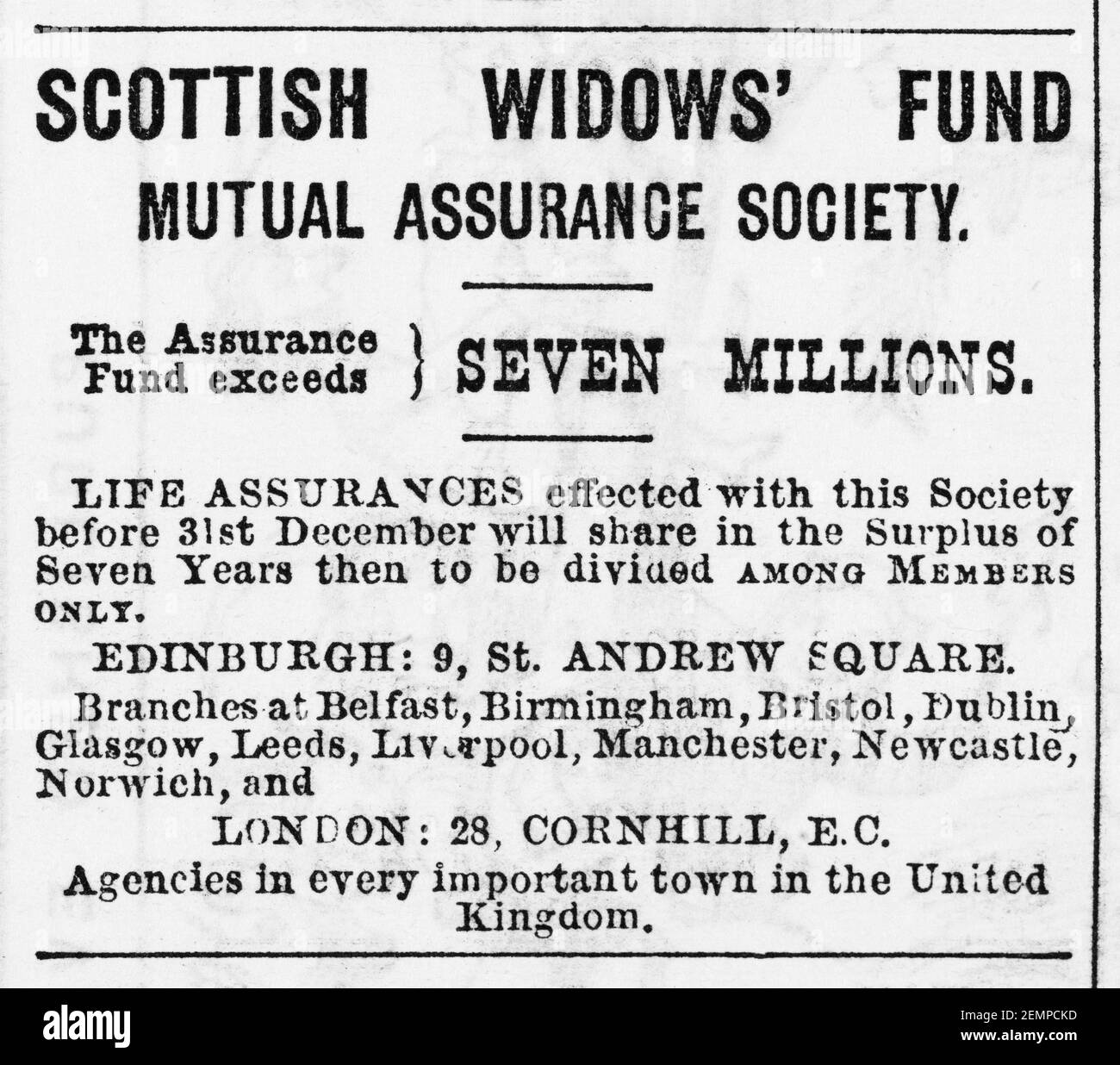 Old Victorian magazine newsprint Scottish Widows financial advert from 1880 - before the dawn of advertising standards. Financial advertising history. Stock Photo