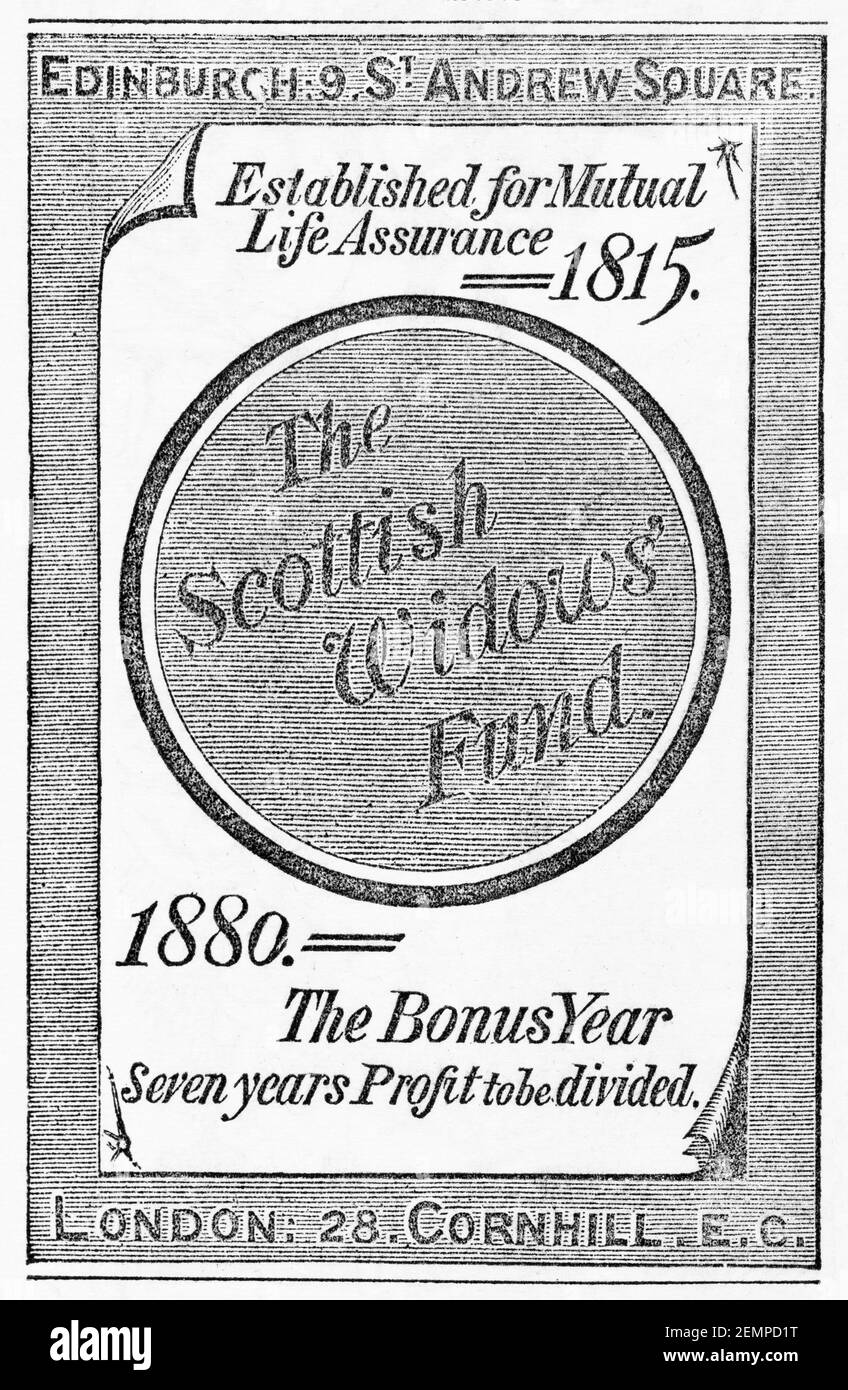 Old Victorian magazine newsprint Scottish Widows financial advert from 1880 - before the dawn of advertising standards. Financial advertising history. Stock Photo