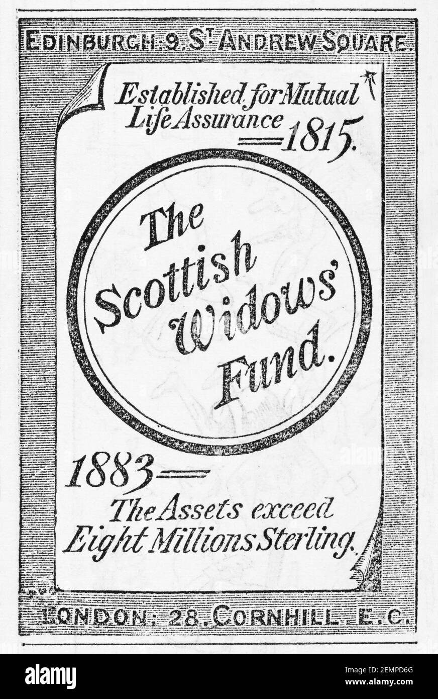 Old Victorian magazine newsprint Scottish Widows financial advert from 1883 - before the dawn of advertising standards. Financial advertising history. Stock Photo