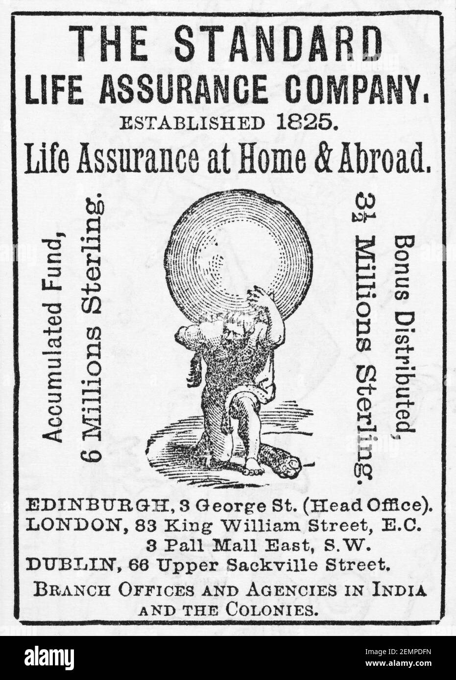 Old Victorian magazine newsprint Standard life assurance financial advert from 1883 - before advertising standards. Financial advertising history. Stock Photo