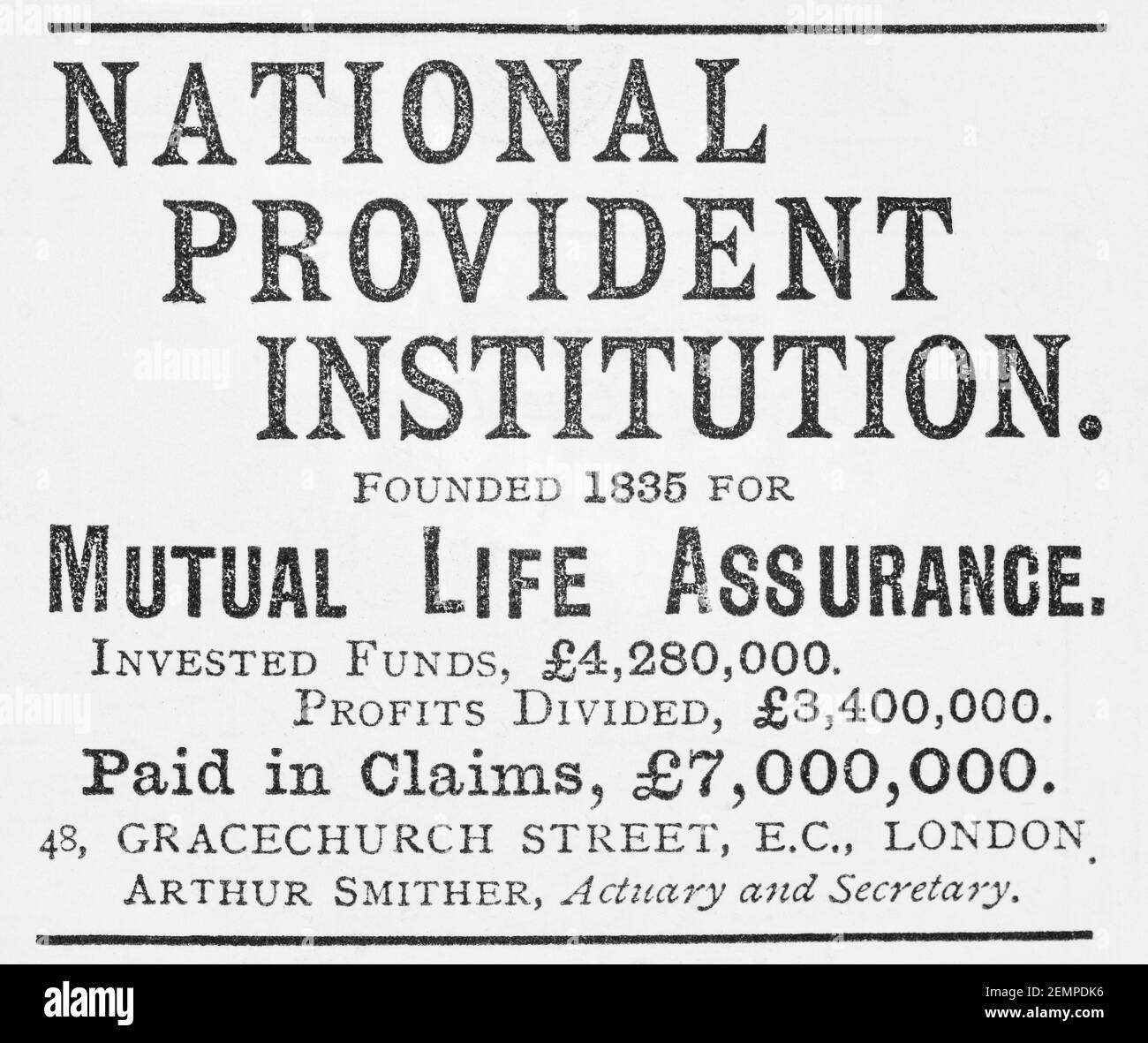 Old Victorian magazine newsprint National Provident life assurance financial advert from 1887 - before advertising standards. Financial advertising. Stock Photo