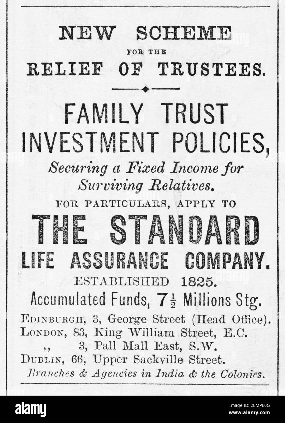 Old Victorian magazine newsprint life assurance financial advert from 1894 - before the dawn of advertising standards. Financial advertising history. Stock Photo
