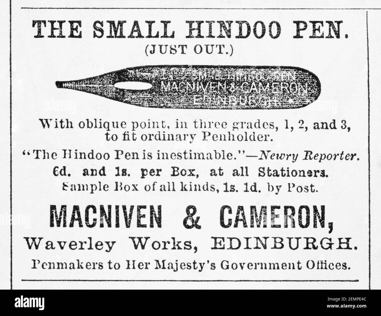 Old Victorian magazine newsprint Macniven & Cameron 'Hindoo' pen nib advert from 1894 - before the dawn of advertising standards. Stock Photo