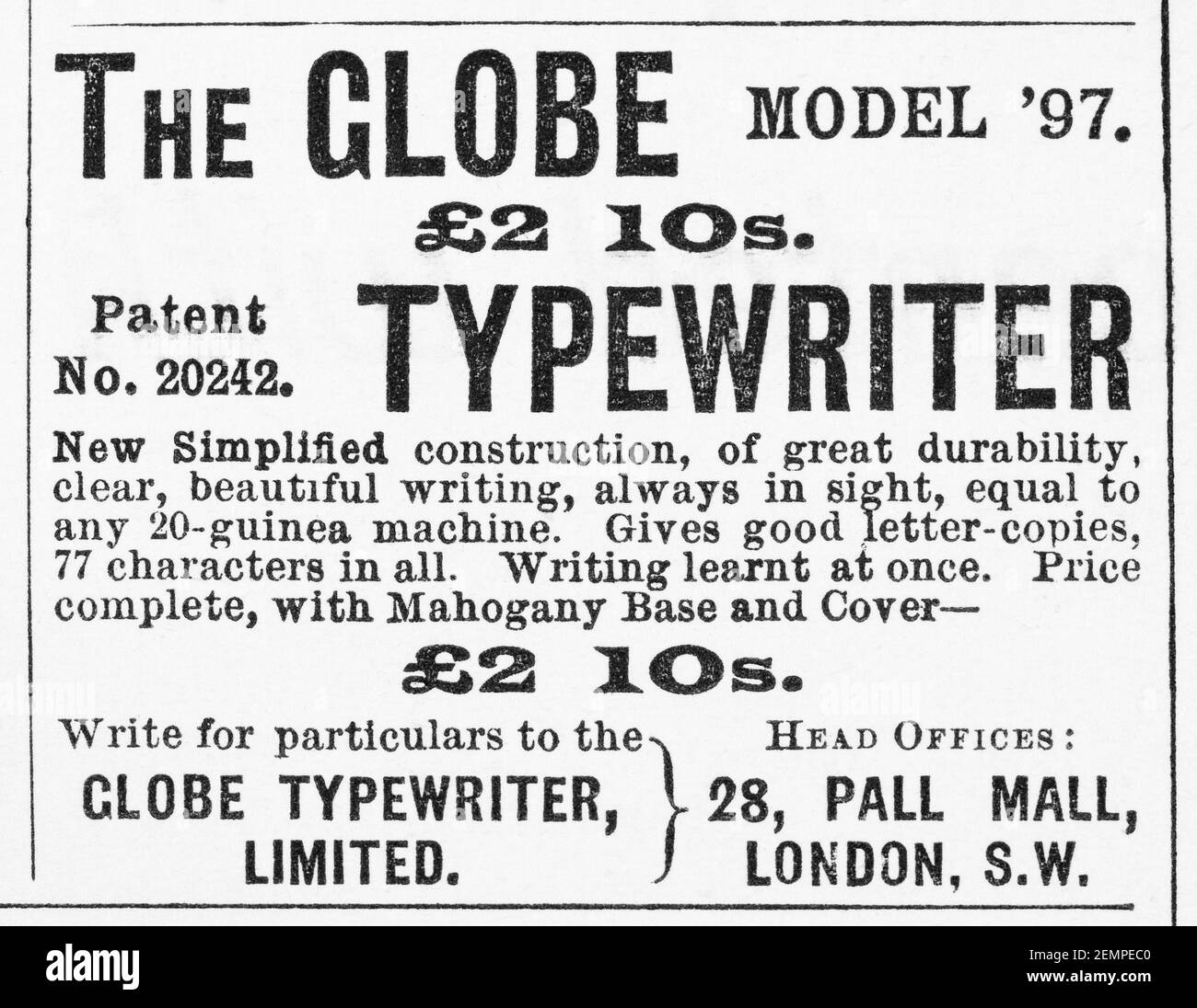 Old Victorian magazine newsprint Globe typewriter advert from 1897 - before the dawn of advertising standards. History of typewriters. Stock Photo