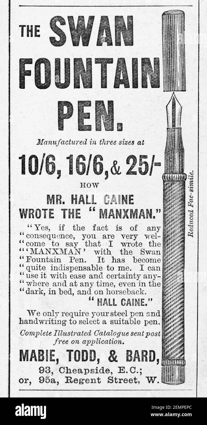 Old Victorian magazine newsprint Swan Fountain Pen advert from 1895 - before the dawn of advertising standards. History of pens. Stock Photo