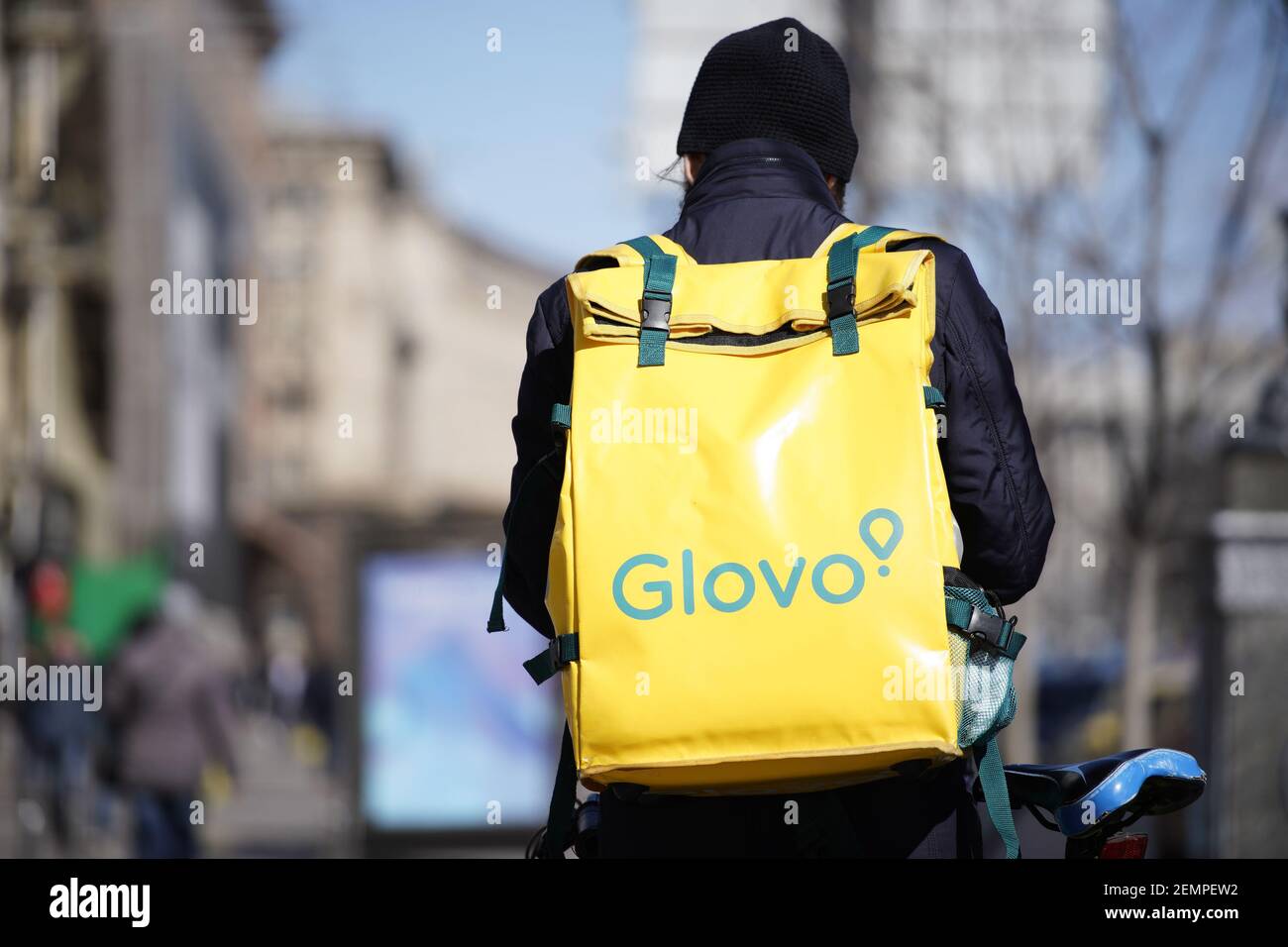 A courier for the Glovo app is seen in Kyiv, Ukraine on March 28, 2019.  Glovo is a Spanish startup from 2015 that promises to deliver anything  ordred by the customer through
