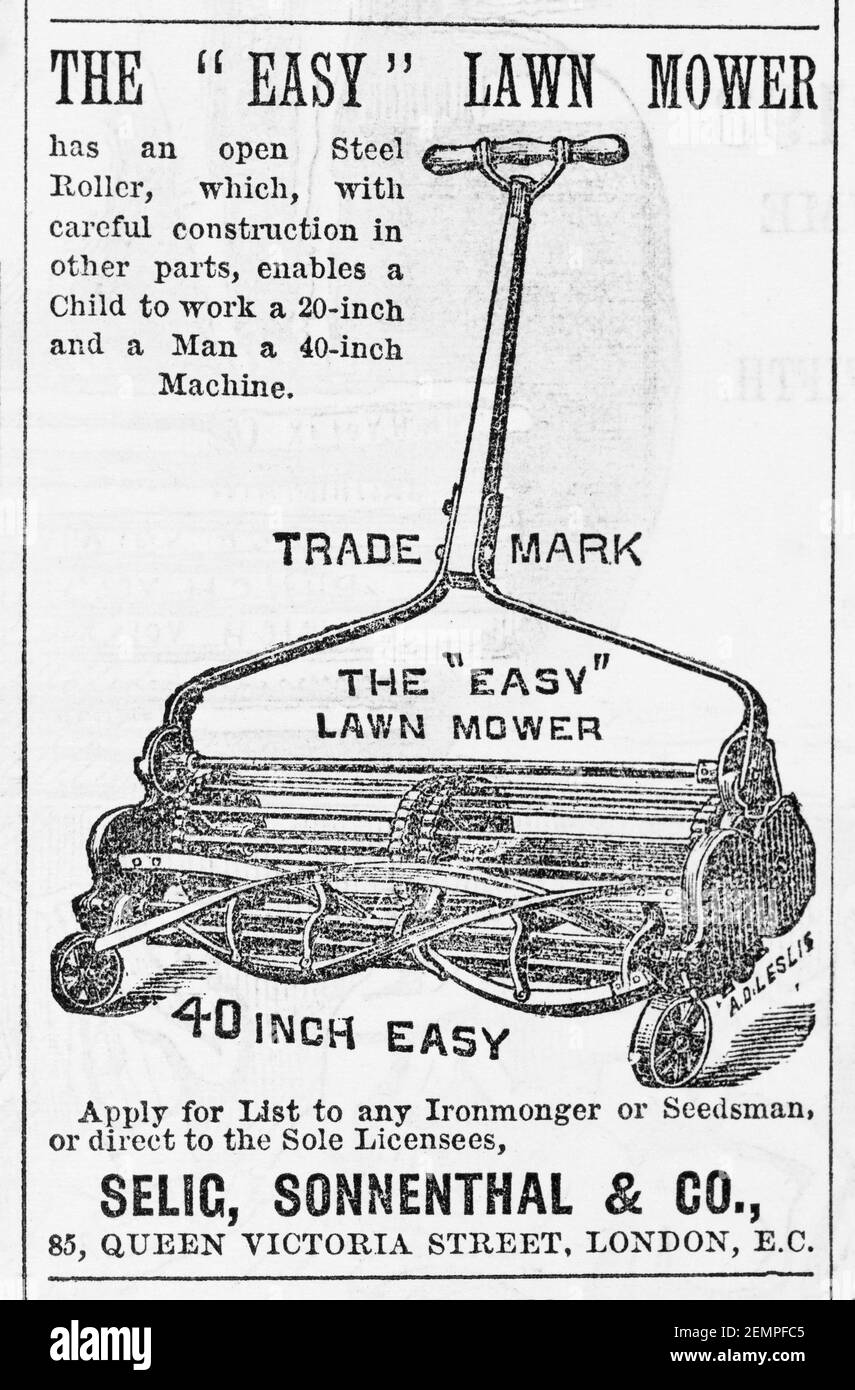 Old Victorian magazine newsprint Selig's 'Easy' garden lawn mower advert from 1883 - before the dawn of advertising standards. History of gardening. Stock Photo