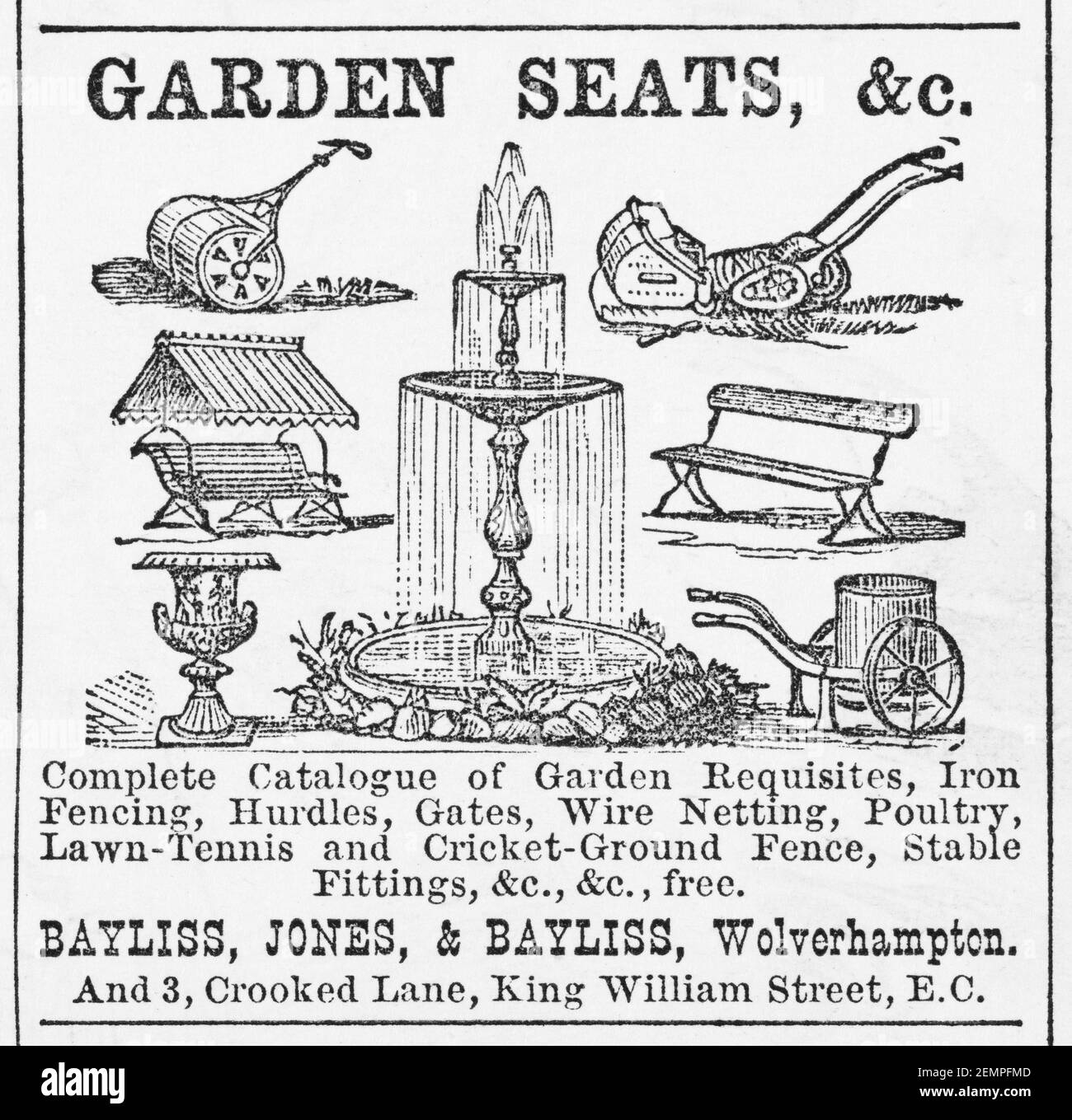 Old Victorian magazine newsprint Bayliss garden furniture advert from 1883 - before the dawn of advertising standards. History of gardening. Stock Photo