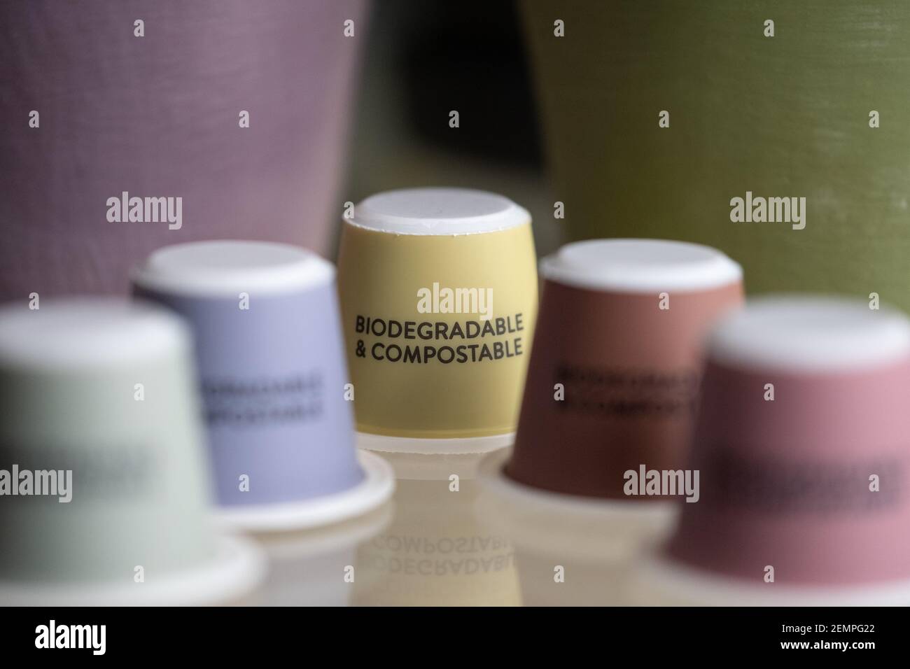 Colourful, sustainable eco friendly coffee capsules. The pods are