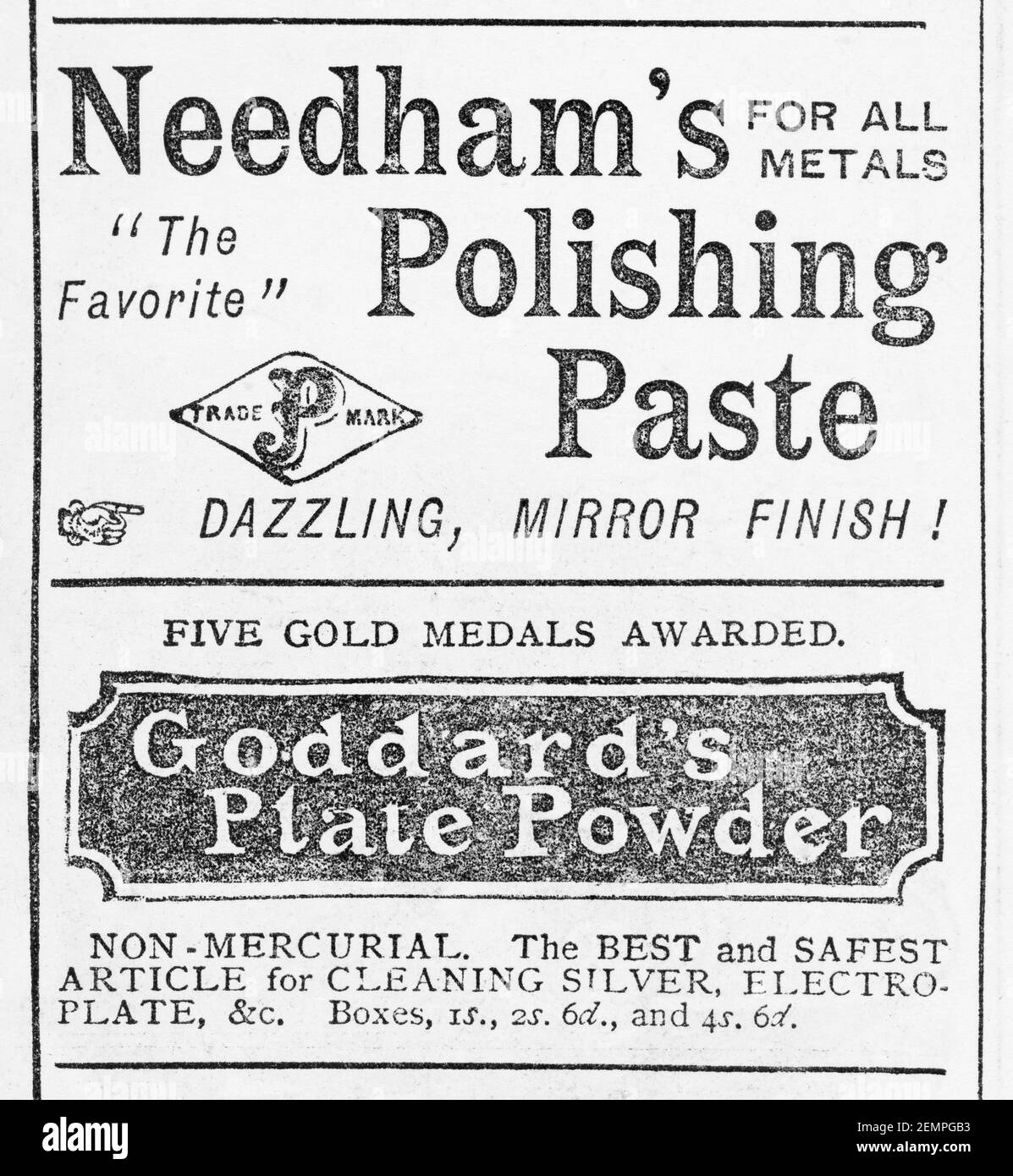 Old vintage Victorian magazine newsprint Goddard's and Needham's metal polish advert from 1887 - before the dawn of advertising standards. Stock Photo