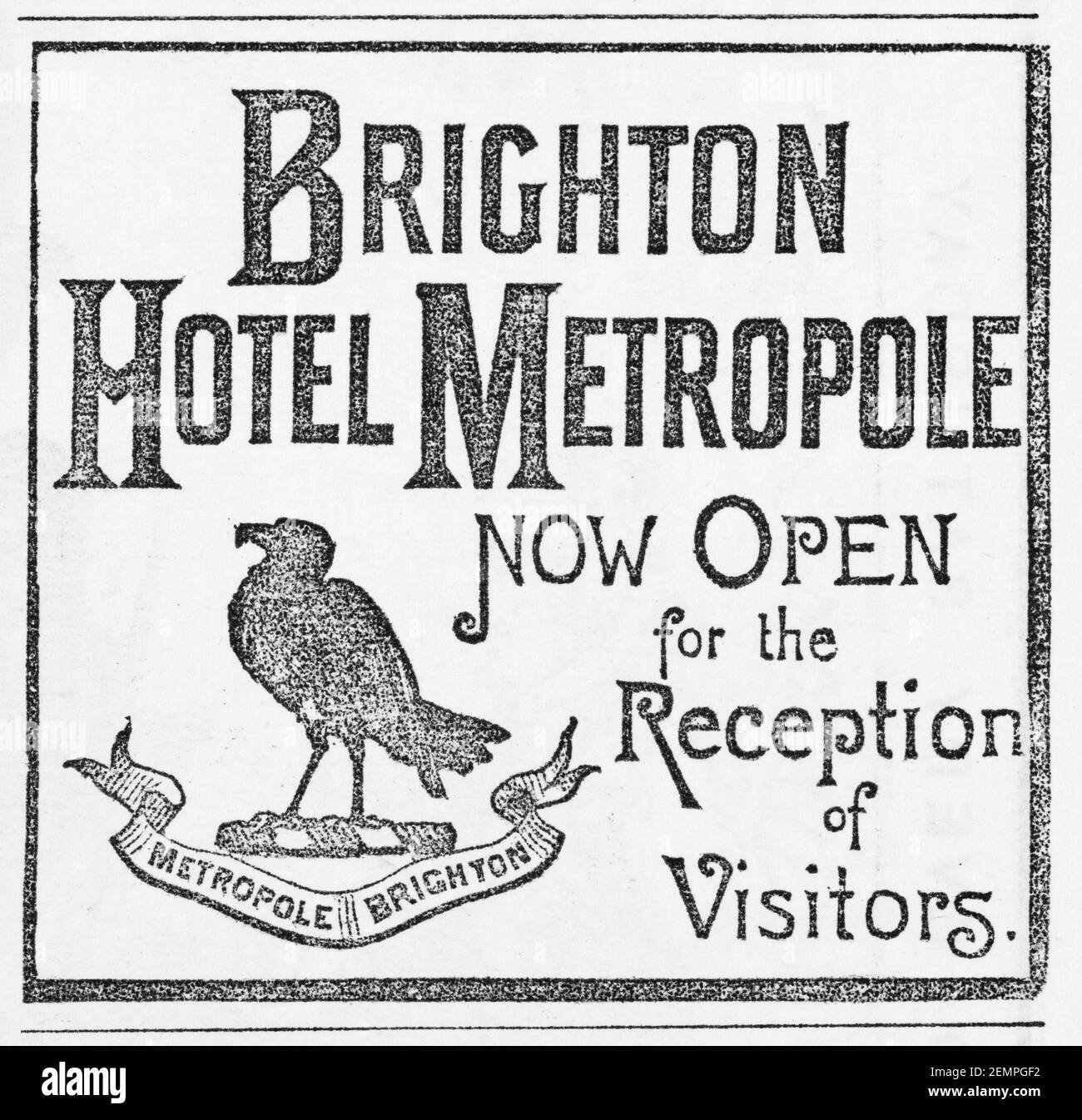 Victorian advert for Brighton's Hotel Metropole from 1891 (opened 1990) & now a Hilton hotel. History of advertising, and hospitality business. Stock Photo