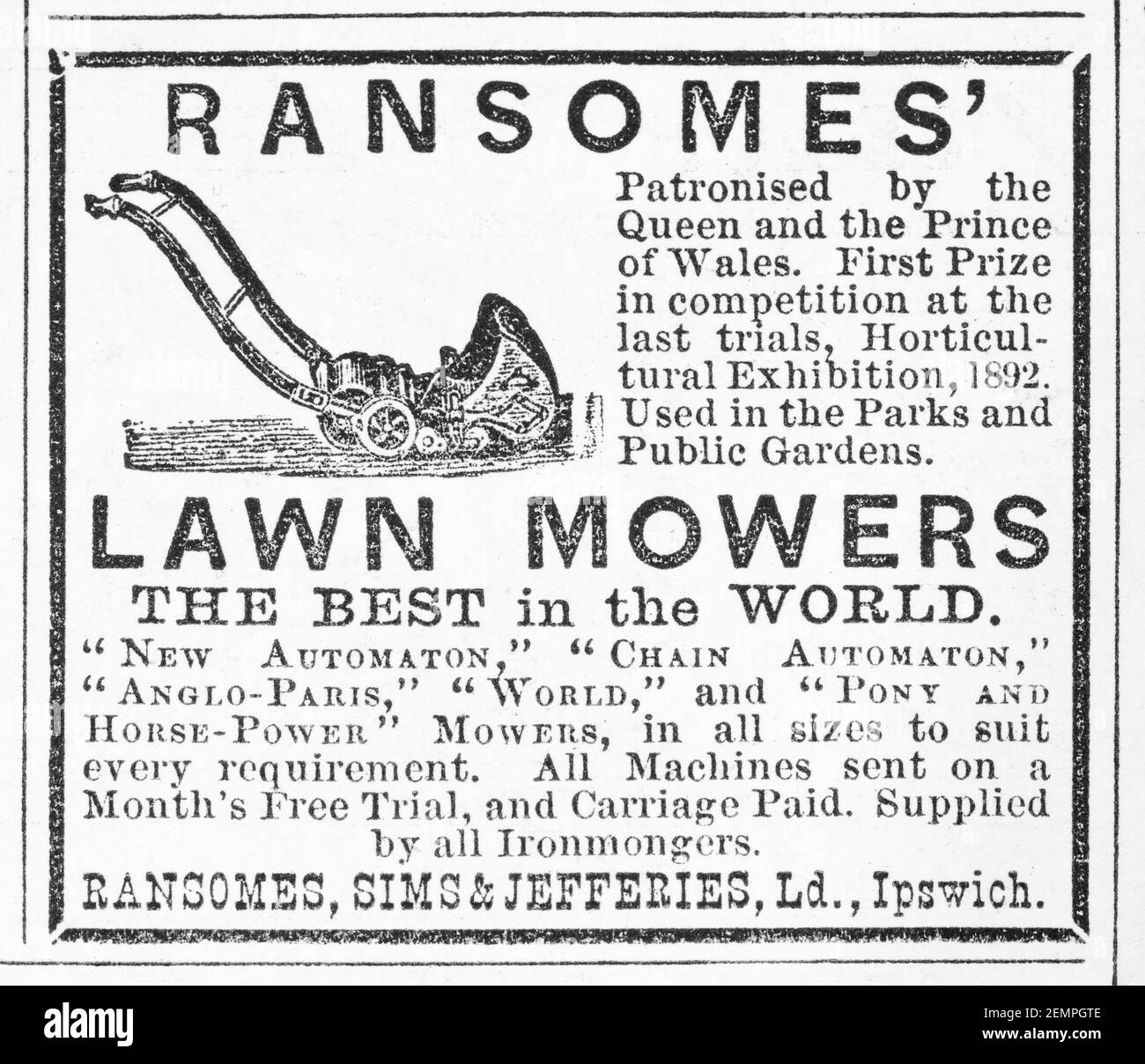 Old Victorian magazine newsprint Ransomes' garden lawn mower advert from 1894 - before the dawn of advertising standards. History of gardening. Stock Photo