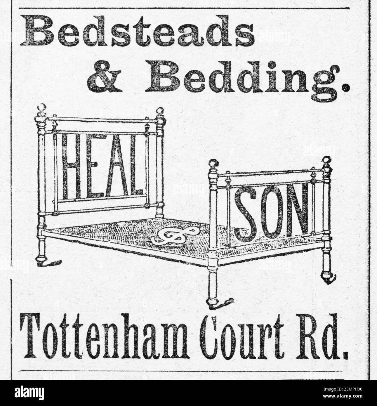 Old Victorian magazine newsprint Heal's of Tottenham Court Road bed advert from 1895 - before the dawn of advertising standards. History of Heals. Stock Photo
