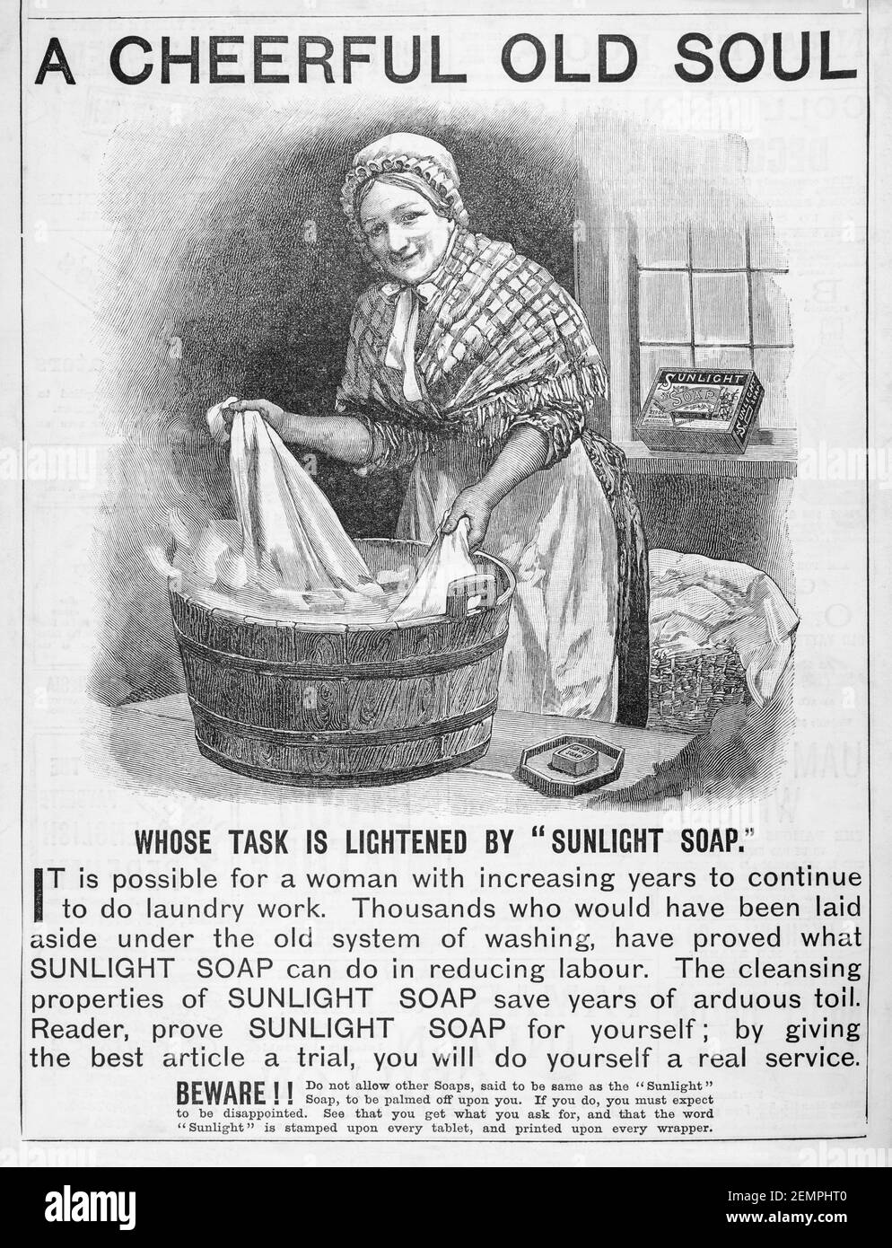 Vintage old Victorian magazine newsprint Sunlight Soap advert from 1891 - before the dawn of advertising standards. History of soap-making. Stock Photo