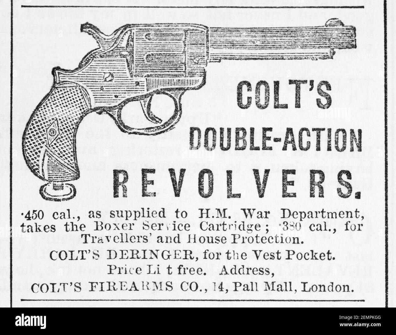 Old UK Colt handgun advert from 1880 - before dawn of advertising standards and when firearms readily available. History of advertising, old adverts. Stock Photo