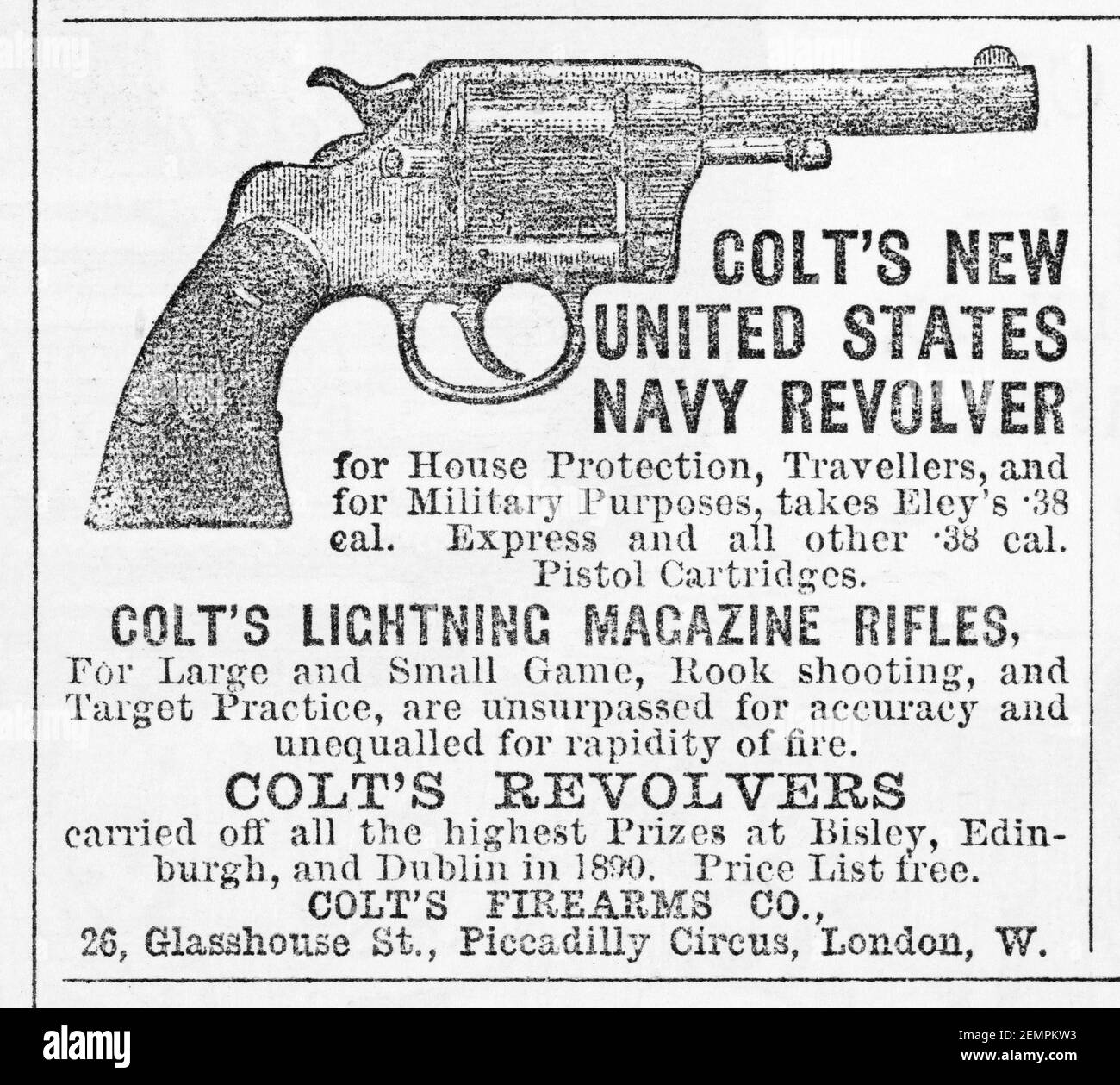 Old UK Colt handgun advert from 1891 - before dawn of advertising standards and when firearms readily available. History of advertising, old adverts. Stock Photo