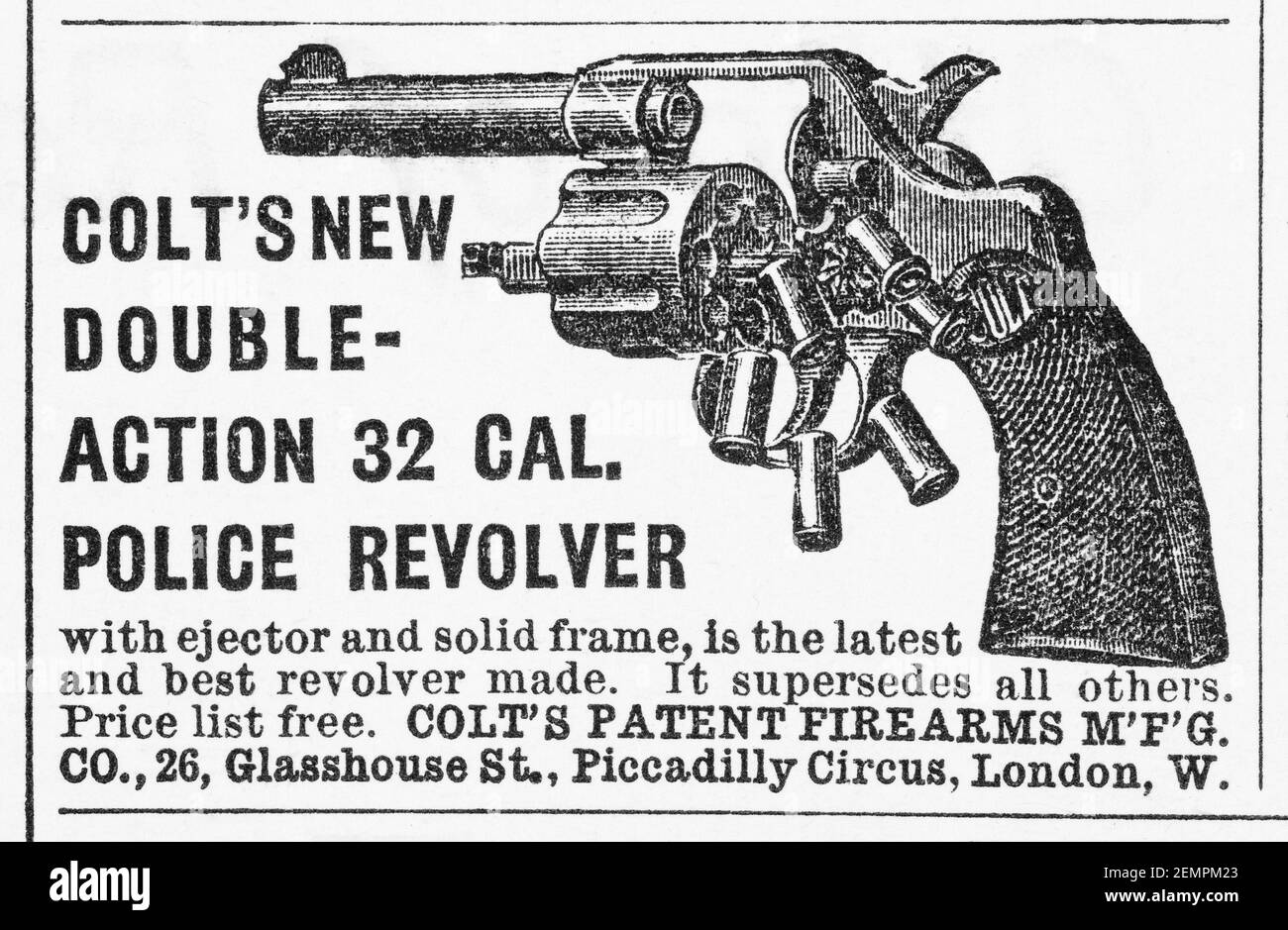 Old UK Colt handgun advert from 1897 - before dawn of advertising standards and when firearms readily available. History of advertising, old adverts. Stock Photo