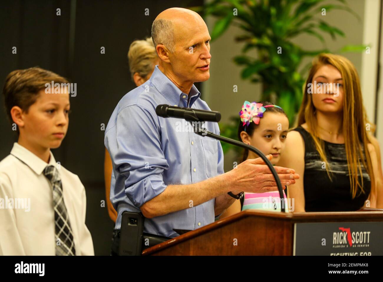 Senator Rick Scott stopped in Fort Myers to make an announcement regarding efforts to make healthcare more affordable and accessible for Florida families. The press conference was held at the Southwest Florida International Airport Wright Brothers Conference Room, Fort Myers, Florida on Mar. 29, 2019. A few Florida children with Type 1 diabetes, Sabine Rivera, 12 of Naples, Emmabella Rudd, 17 of Sarasota, and Lucas Lye, 14 of Naples, were on hand to tell their stories about how their families deal with the cost of insulin.   Fnp0327 Am Boatingsafety (Photo by Andrea Melendez/The News-Press/USA Stock Photo