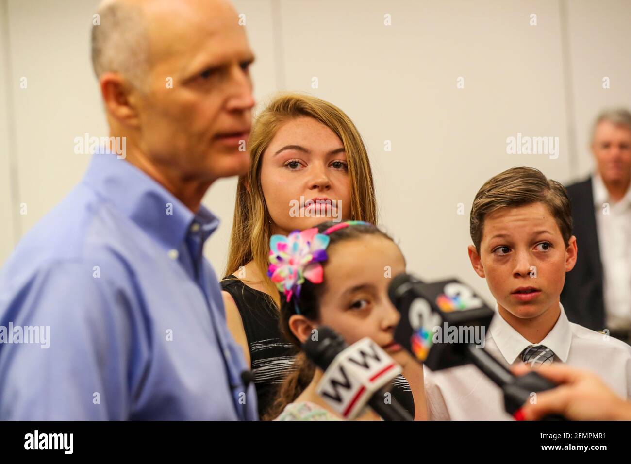 Emmabella Rudd, 17 of Sarasota, looks on as Senator Rick Scott stopped in Fort Myers to make an announcement regarding efforts to make healthcare more affordable and accessible for Florida families. The press conference was held at the Southwest Florida International Airport Wright Brothers Conference Room, Fort Myers, Florida on Mar. 29, 2019. A few Florida children with Type 1 diabetes, Sabine Rivera, 12 of Naples, Emmabella Rudd, 17 of Sarasota, and Lucas Lye, 14 of Naples, were on hand to tell their stories about how their families deal with the cost of insulin.  Fnp0327 Am Boatingsafety ( Stock Photo