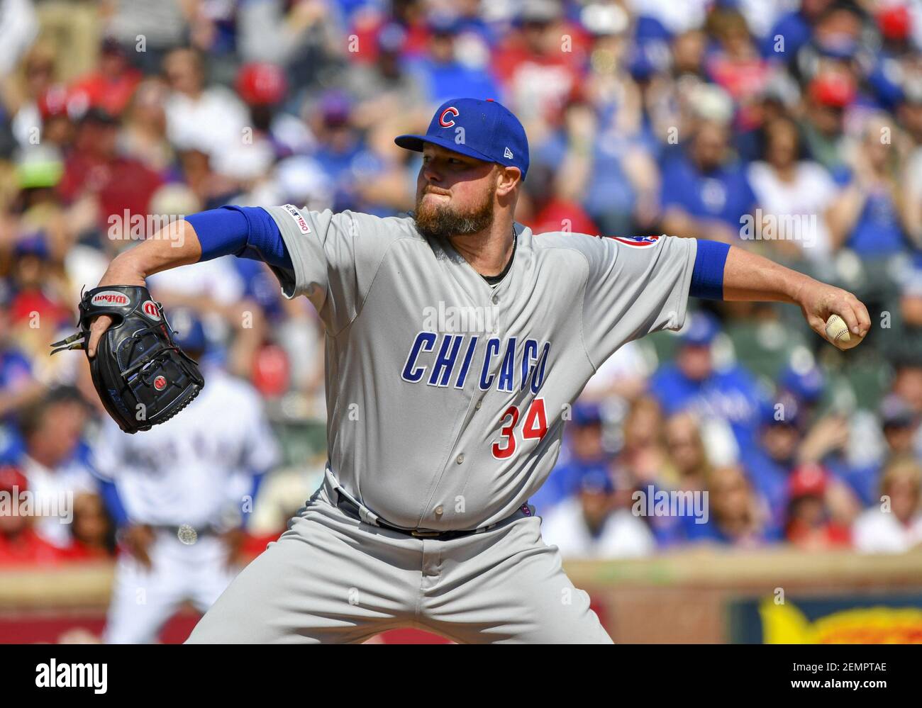 Mar 28, 2019: Chicago Cubs starting pitcher Jon Lester #34 during an  Opening Day MLB game between the Chicago Cubs and the Texas Rangers at  Globe Life Park in Arlington, TX Chicago