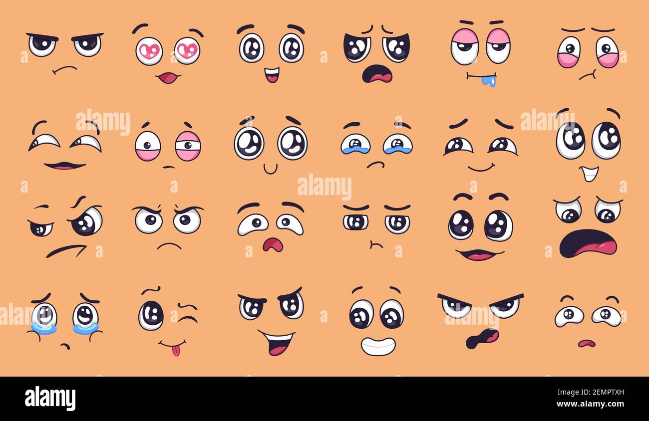 Cute cartoon faces. Face expressions, happy and sad mood. Laughing, smiling  mouth and crying eyes. Different moods vector set. Positive and negative  Stock Vector Image & Art - Alamy
