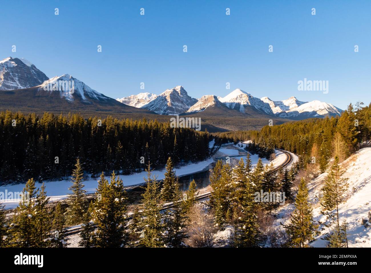 Beautiful view of Morant's curve in winter, in Banff National park, Canada Stock Photo