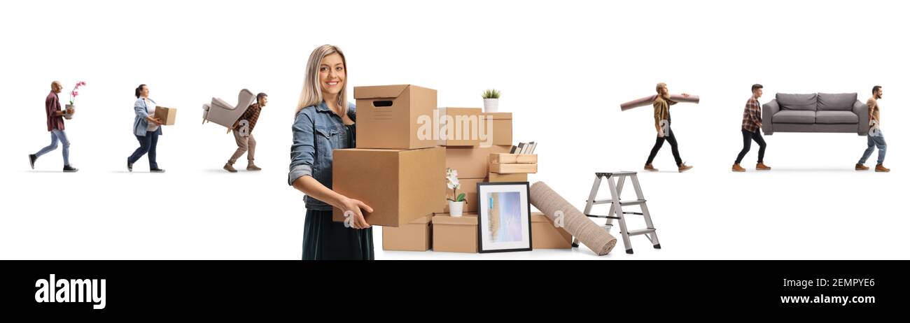 Young woman with packed cardboard boxes and other people carrying items isolated on white background Stock Photo
