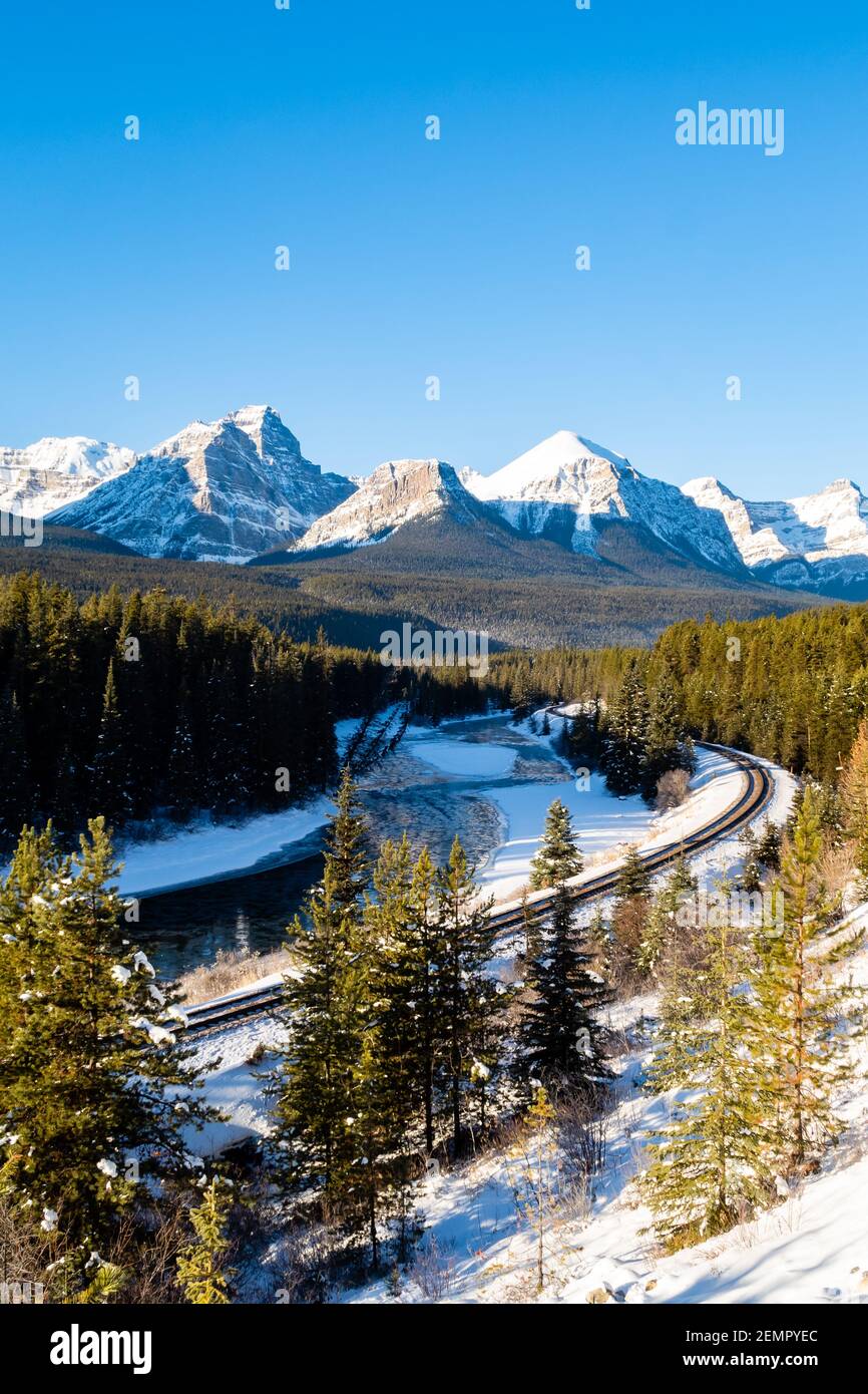 Beautiful view of Morant's curve in winter, in Banff National park, Canada Stock Photo