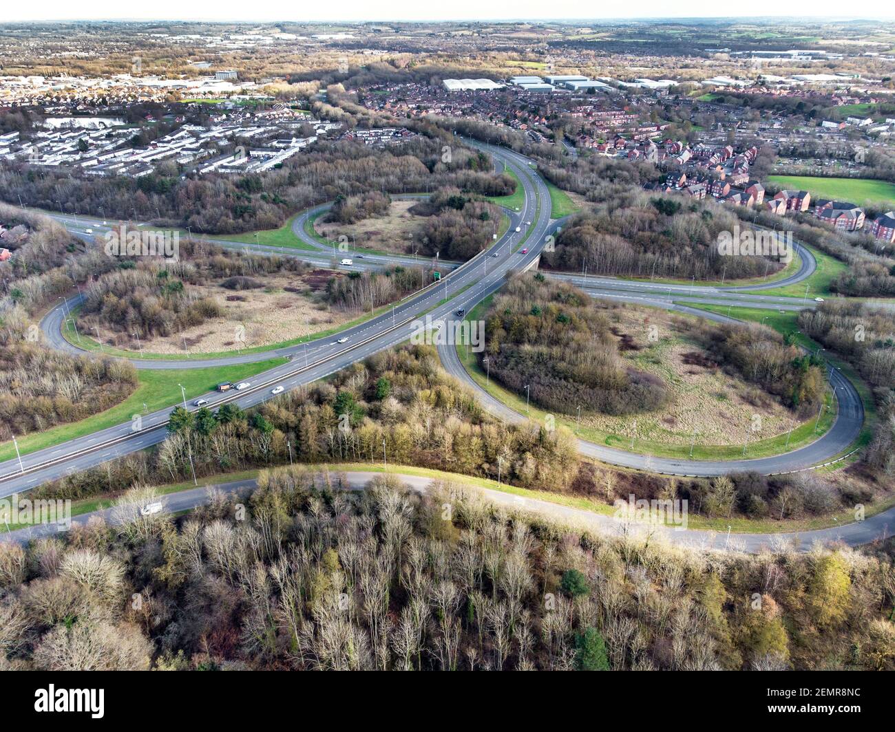 An aerial view of a large Clover Leaf road junction between the A448 and the A441 road in Redditch, Worcestershire, UK. Stock Photo