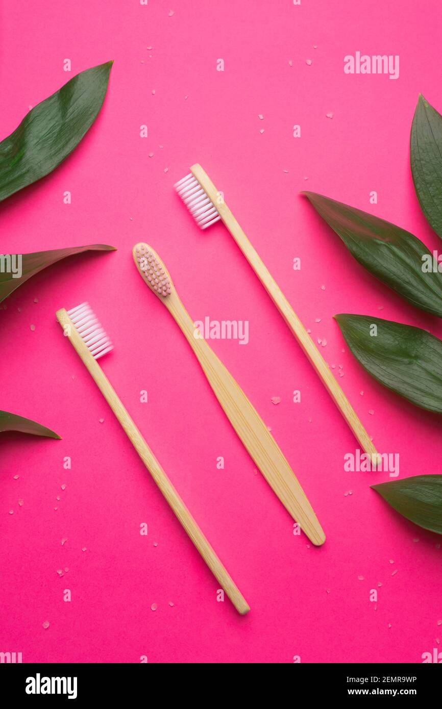Bamboo toothbrushes on a pink background. Green leaves. Eco products ...