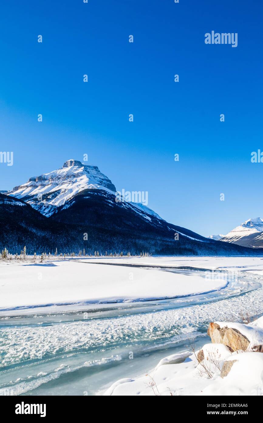 Beautiful winter view of the Athabasca river in Jasper national park, Canada Stock Photo