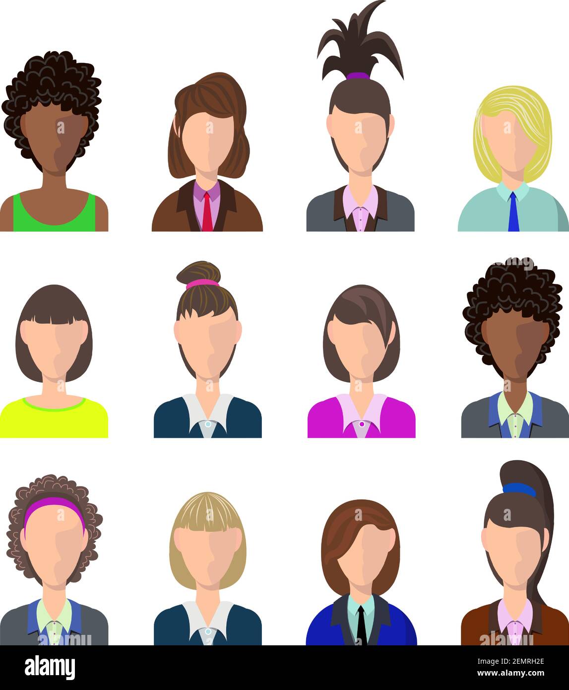 Women avatar set vector flat illustration. Woman profiles silhouette with a variety of suits and uniforms. Avatar portrait with different hair good for r Stock Vector