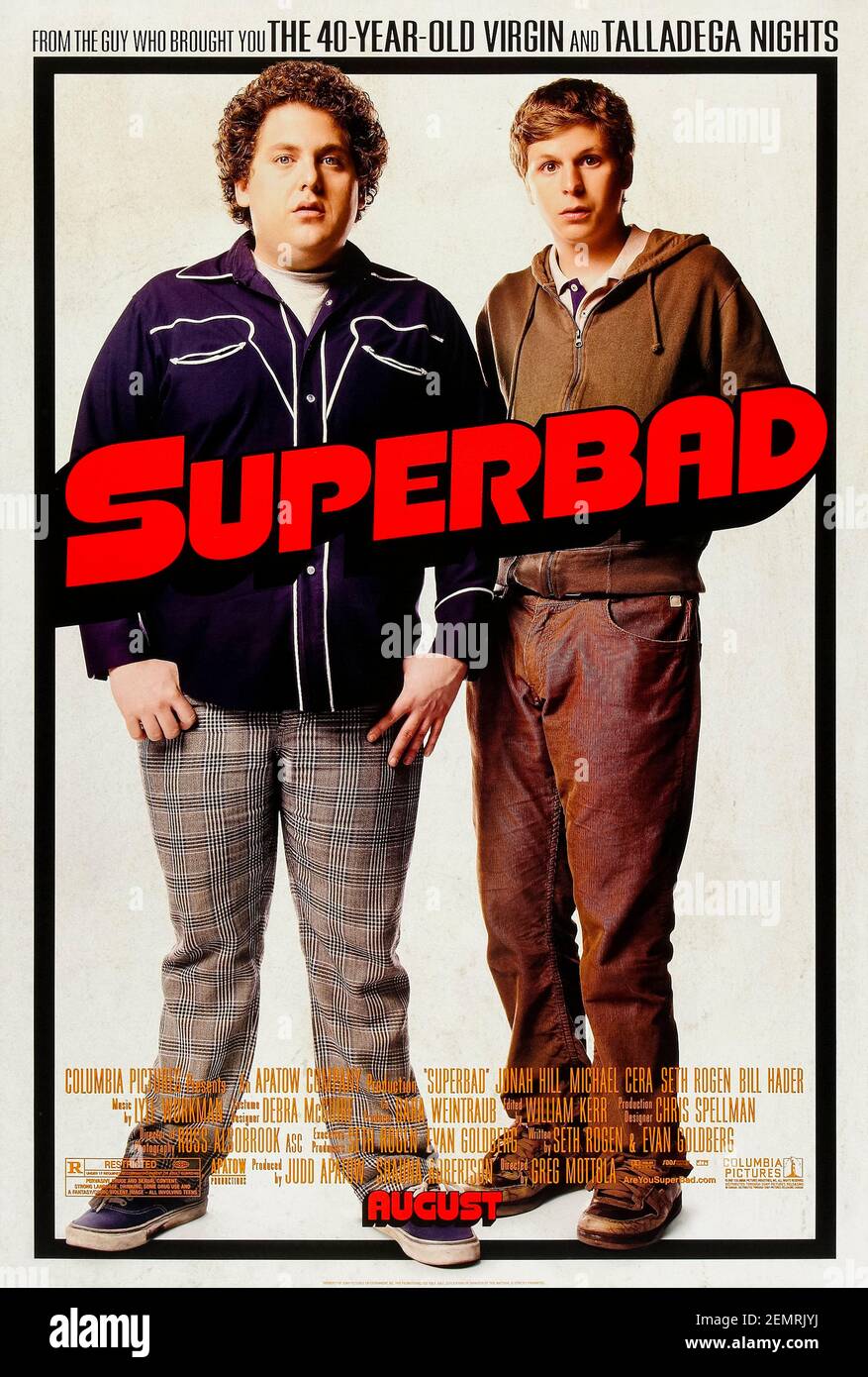 Superbad (2007) directed by Greg Mottola and starring Michael Cera, Jonah Hill and Christopher Mintz-Plasse. Two co-dependent high school seniors are forced to deal with separation anxiety after their plan to stage a booze-soaked party goes awry Stock Photo