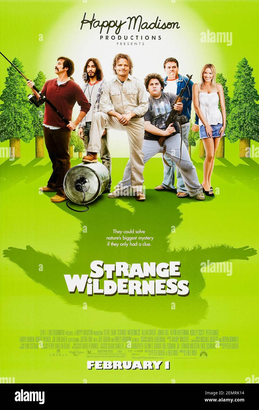 Strange Wilderness (2008) directed by Fred Wolf and starring Steve Zahn, Allen Covert and Justin Long. With the ratings dropping for a wilderness-themed television show, two animal fans go to the Andes Mountains in search of Bigfoot. Stock Photo