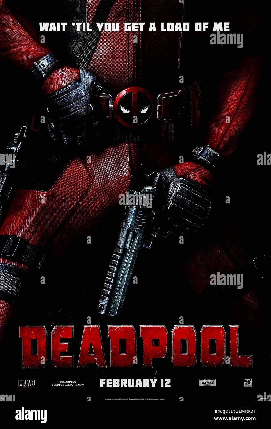 Deadpool (2016) directed by Tim Miller and starring Ryan Reynolds, Morena Baccarin, T.J. Miller and Michael Benyaer. Wisecracking oddball Marvel superhero with a twisted sense of humour is let loose on the silver screen. Stock Photo