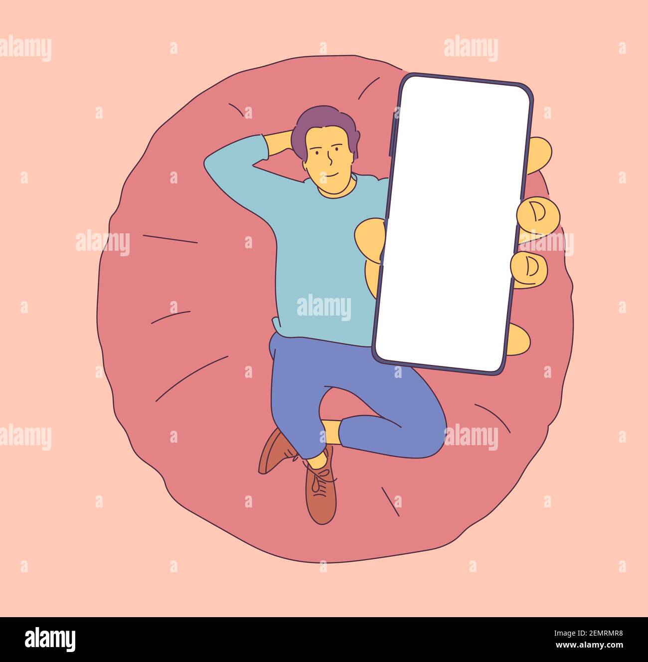 Happy man with smartphone. Promotion of innovative technological devices demonstration. Hand drawn style vector design illustrations. Stock Vector